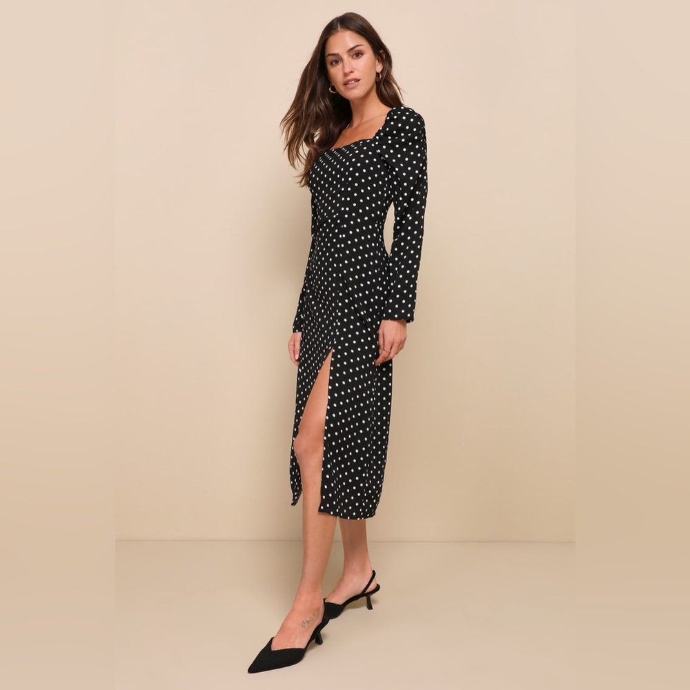 NWT Lulus Charmed and Classy Black Polka Dot Long Sleeve Midi Dress
